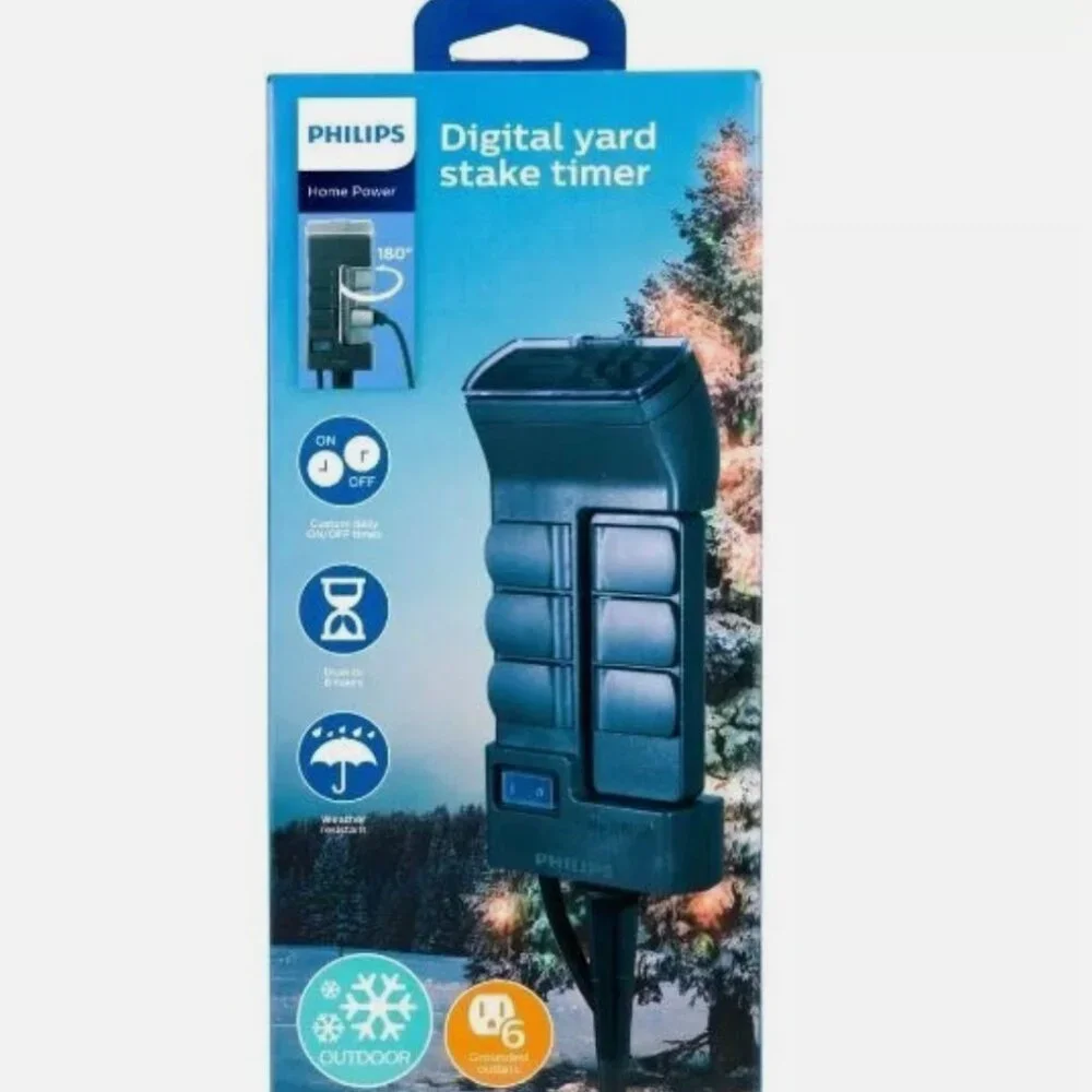 NEW! Philips Timer Outdoor Stake 6 Grounded Outlets 6hr Digital Timer-13